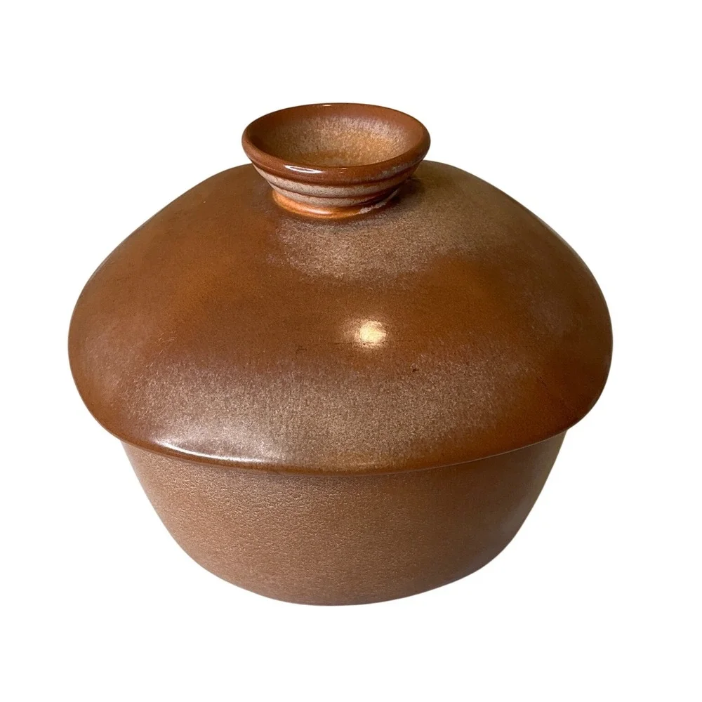 Vintage Frankoma 5FD Pottery Plainsman Gold Handled Covered Fondue Pot & Lid MCM